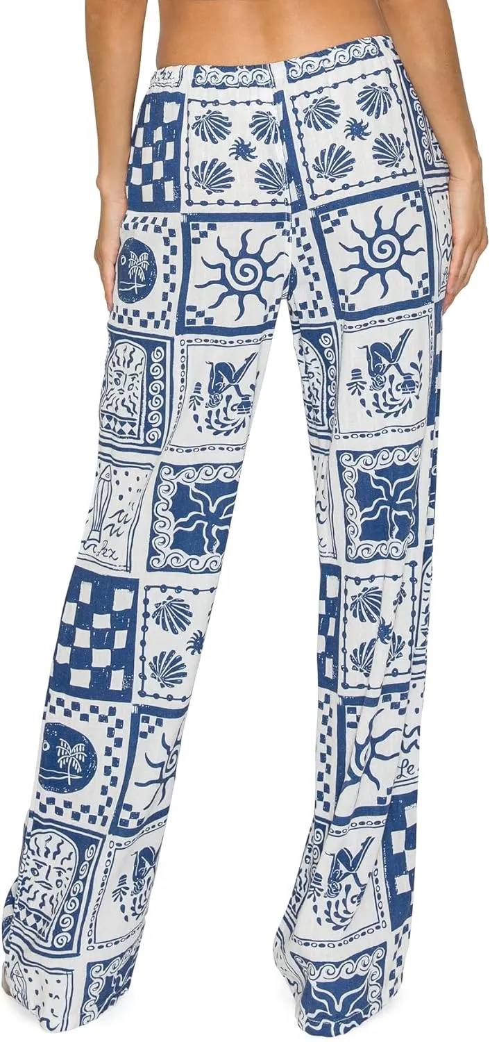 Cali1850 Women's Printed Linen Pants - 30" Inseam Drawstring Elastic Waist Casual Pull On Beach Lounge Trousers with Pockets