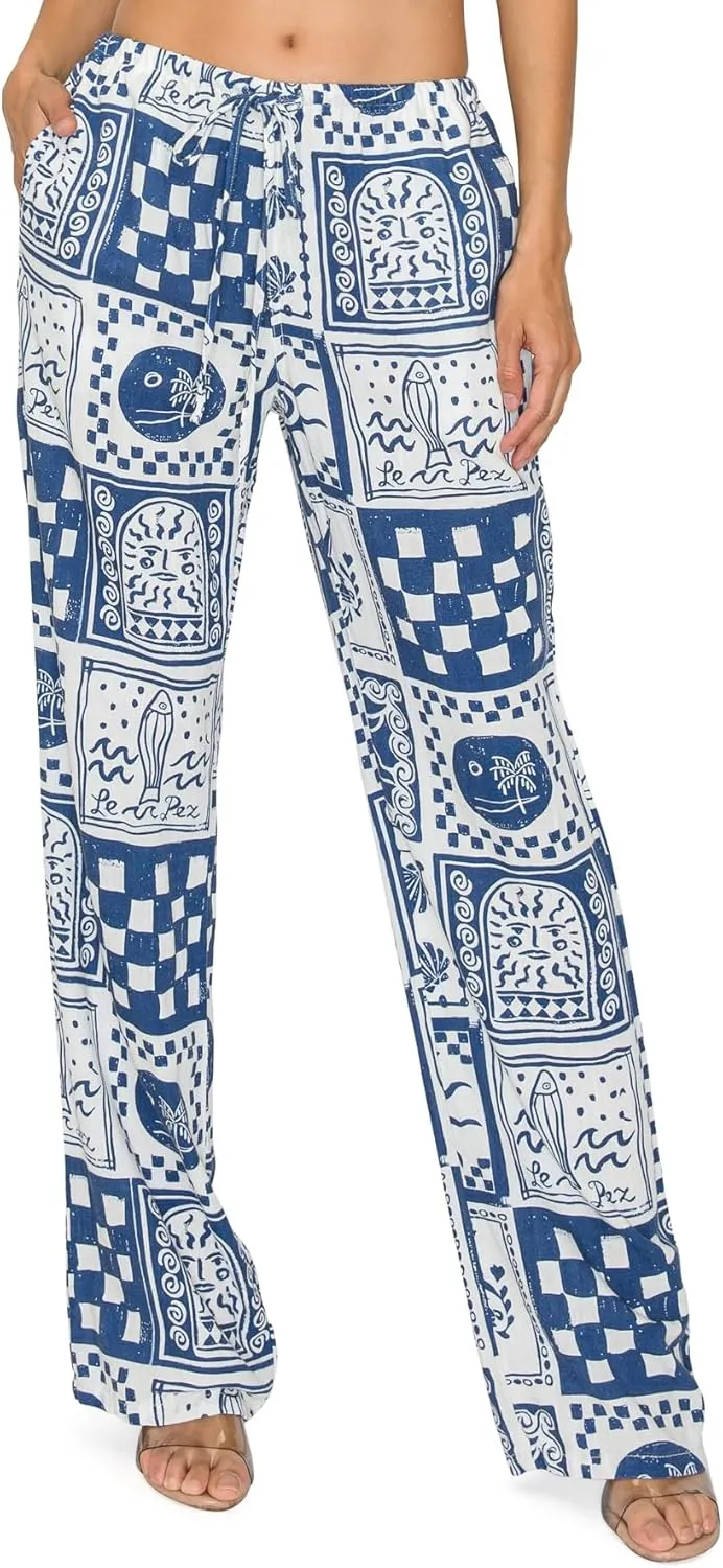 Cali1850 Women's Printed Linen Pants - 30" Inseam Drawstring Elastic Waist Casual Pull On Beach Lounge Trousers with Pockets