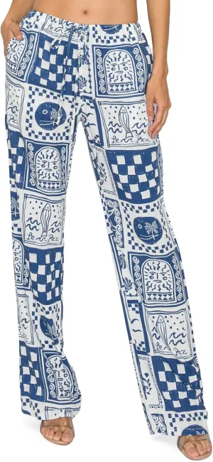 Cali1850 Women's Printed Linen Pants - 30" Inseam Drawstring Elastic Waist Casual Pull On Beach Lounge Trousers with Pockets