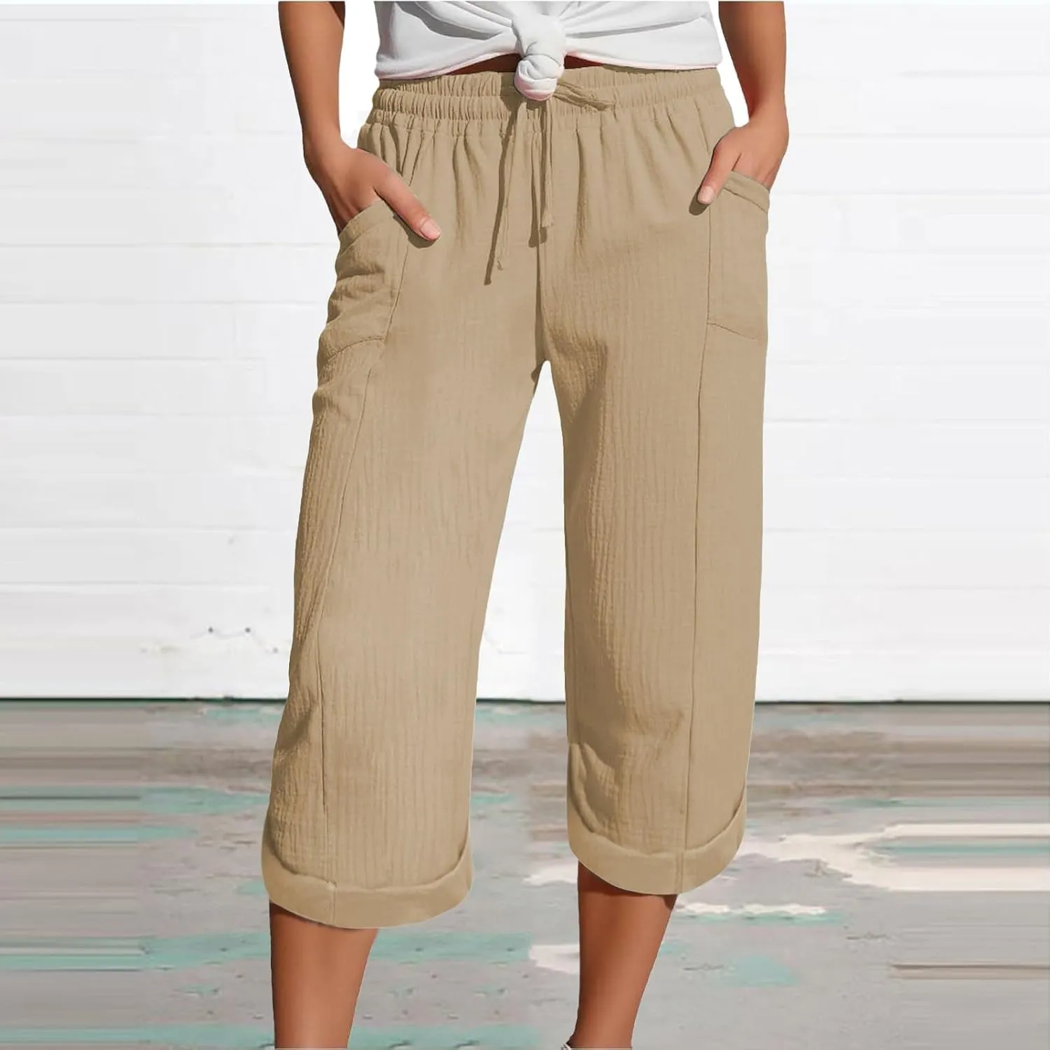 Capri Pants for Women Casual 2025 Wide Leg Drawstring Elastic Waist Loose Cropped Trousers Summer Outfit with Pockets