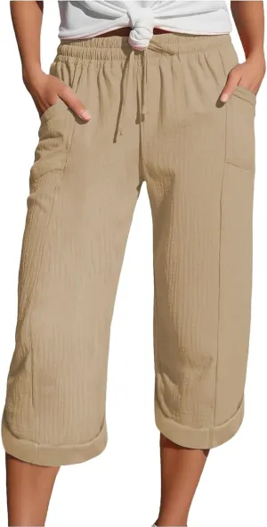 Capri Pants for Women Casual 2025 Wide Leg Drawstring Elastic Waist Loose Cropped Trousers Summer Outfit with Pockets