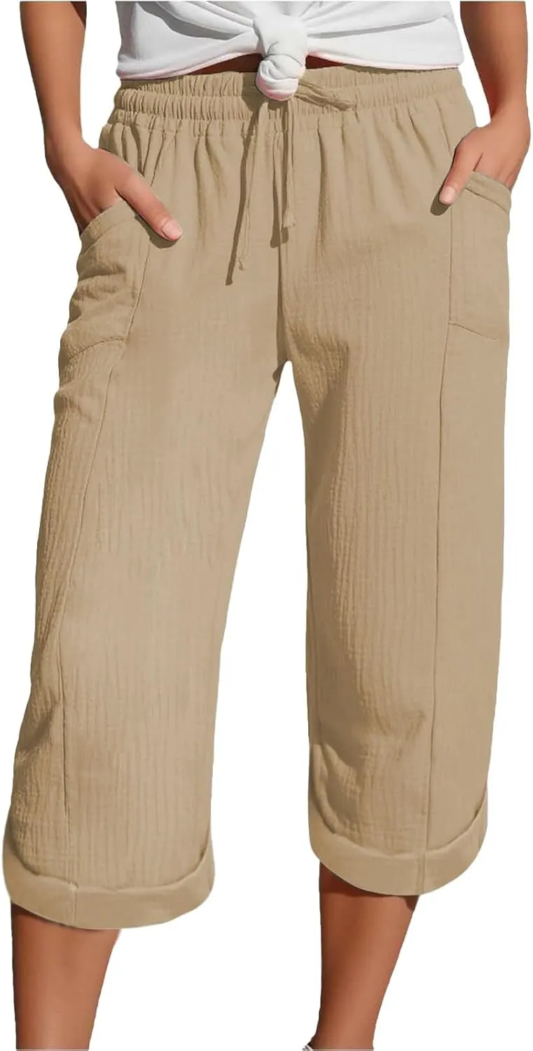Capri Pants for Women Casual 2025 Wide Leg Drawstring Elastic Waist Loose Cropped Trousers Summer Outfit with Pockets
