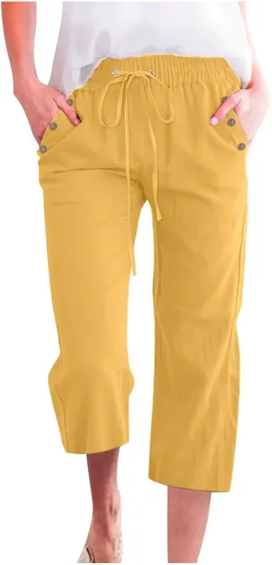 Capris Pants for Women Cotton Linen Casual Summer 2025 Straight Wide Leg Drawstring Elastic Waist Cropped Trouser