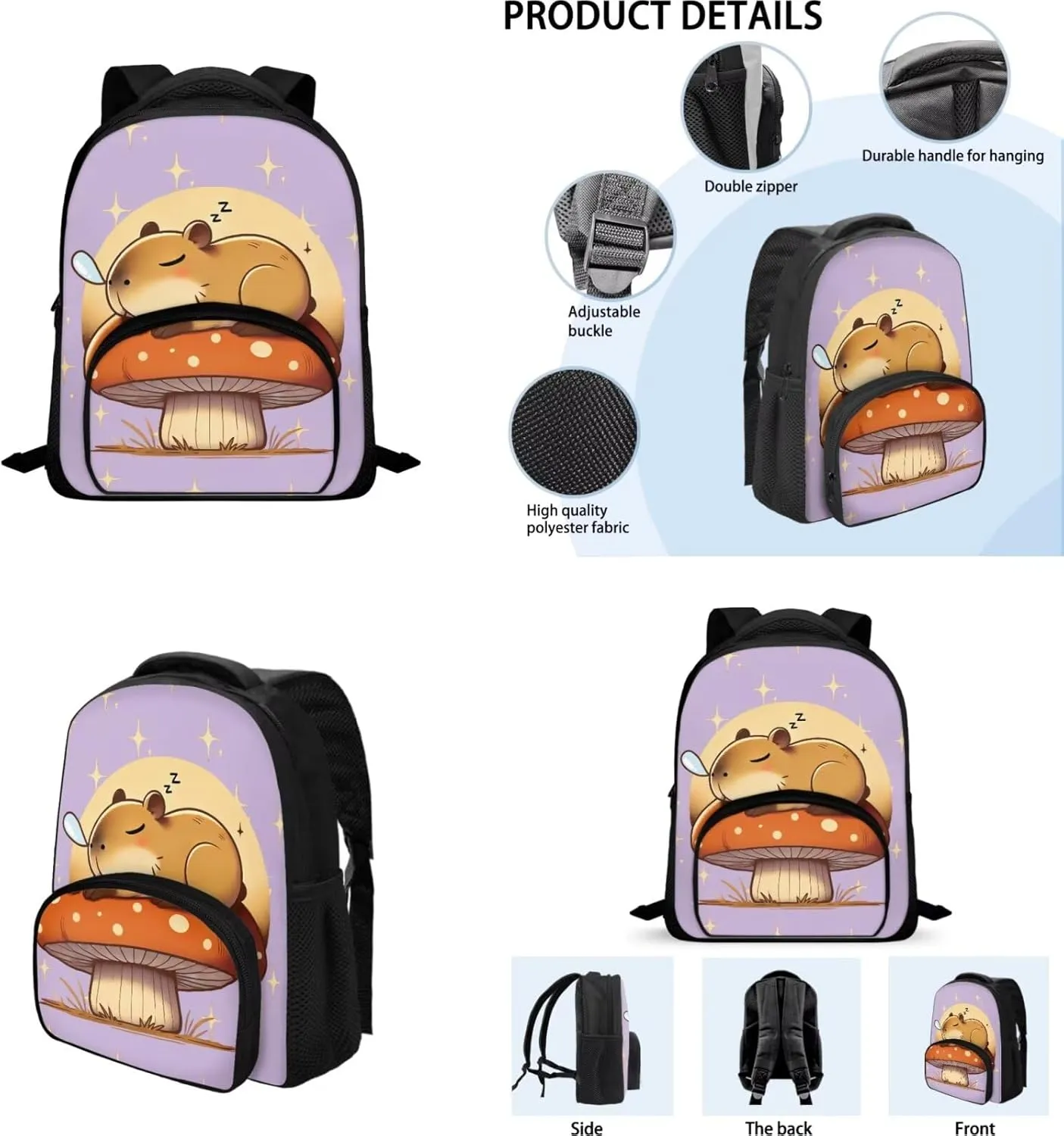 Capybara Toddler Backpack with Lunch Box Mushroom School Bookbag with Padded Strap 3 in 1 Breathable Fabric Daycare Backpacks Portable Lunchbag Ideal for Daily Use