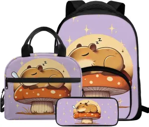 Capybara Toddler Backpack with Lunch Box Mushroom School Bookbag with Padded Strap 3 in 1 Breathable Fabric Daycare Backpacks Portable Lunchbag Ideal for Daily Use