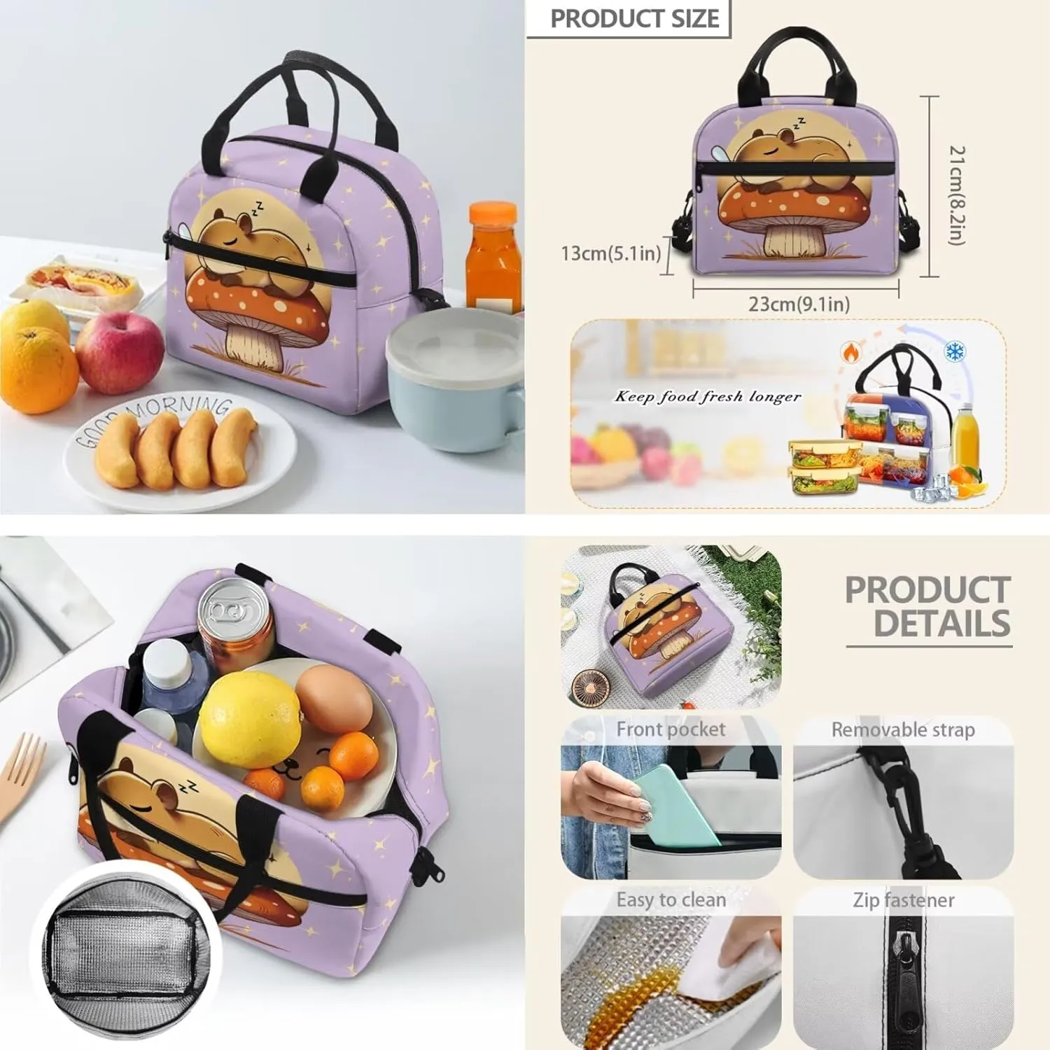 Capybara Toddler Backpack with Lunch Box Mushroom School Bookbag with Padded Strap 3 in 1 Breathable Fabric Daycare Backpacks Portable Lunchbag Ideal for Daily Use