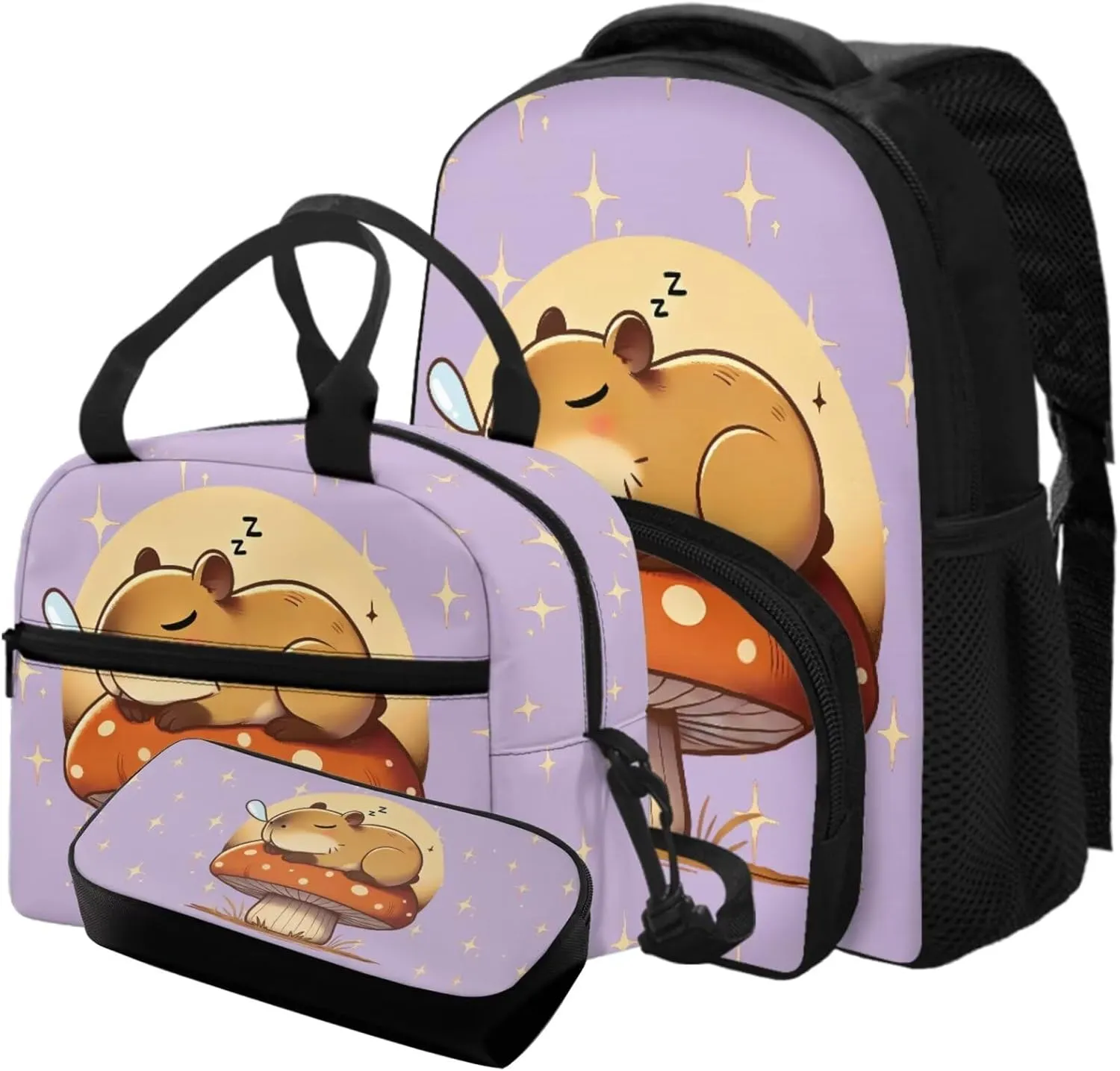 Capybara Toddler Backpack with Lunch Box Mushroom School Bookbag with Padded Strap 3 in 1 Breathable Fabric Daycare Backpacks Portable Lunchbag Ideal for Daily Use
