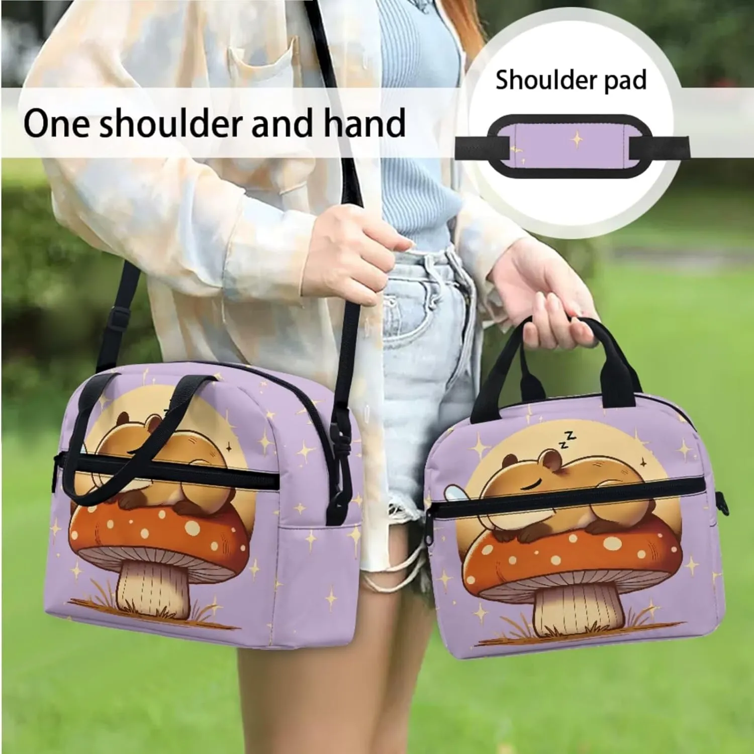 Capybara Toddler Backpack with Lunch Box Mushroom School Bookbag with Padded Strap 3 in 1 Breathable Fabric Daycare Backpacks Portable Lunchbag Ideal for Daily Use