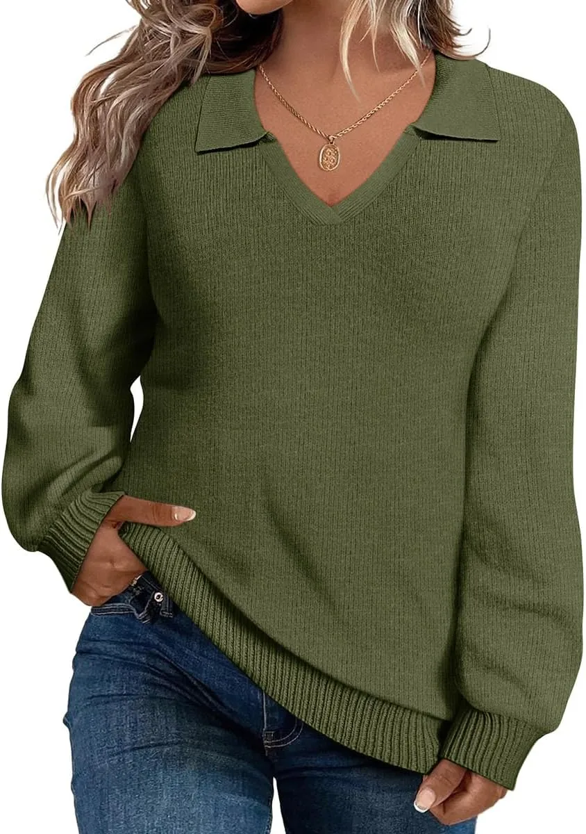 CARCOS Plus Size Sweaters for Women Long Sleeve Pullover Sweaters Lapel Collared Vneck Knit Jumper Tops Fall Winter XL-5XL