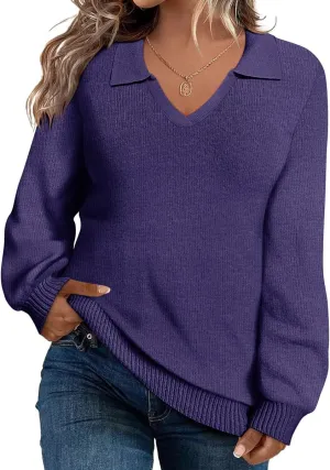 CARCOS Plus Size Sweaters for Women Long Sleeve Pullover Sweaters Lapel Collared Vneck Knit Jumper Tops Fall Winter XL-5XL