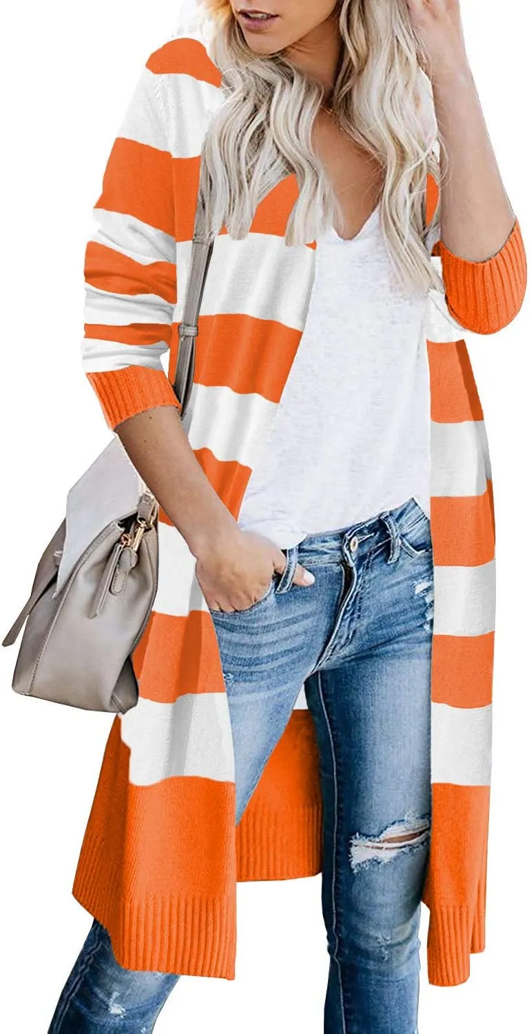 CARDYDONY Women's Long Cardigan Open Front Color Block Cardigan Knit Sweaters