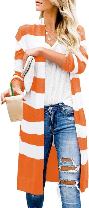 CARDYDONY Women's Long Cardigan Open Front Color Block Cardigan Knit Sweaters