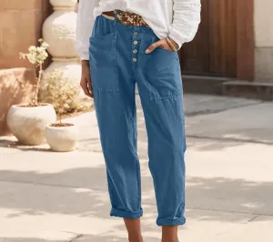 Casual Pants for Women Linen High Elastic Waist Button Capri Pants Loose Baggy Wide Leg Trousers with Pocket