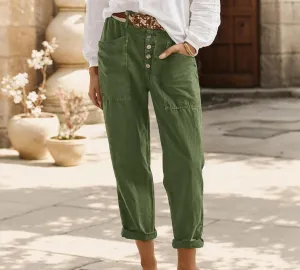 Casual Pants for Women Linen High Elastic Waist Button Capri Pants Loose Baggy Wide Leg Trousers with Pocket