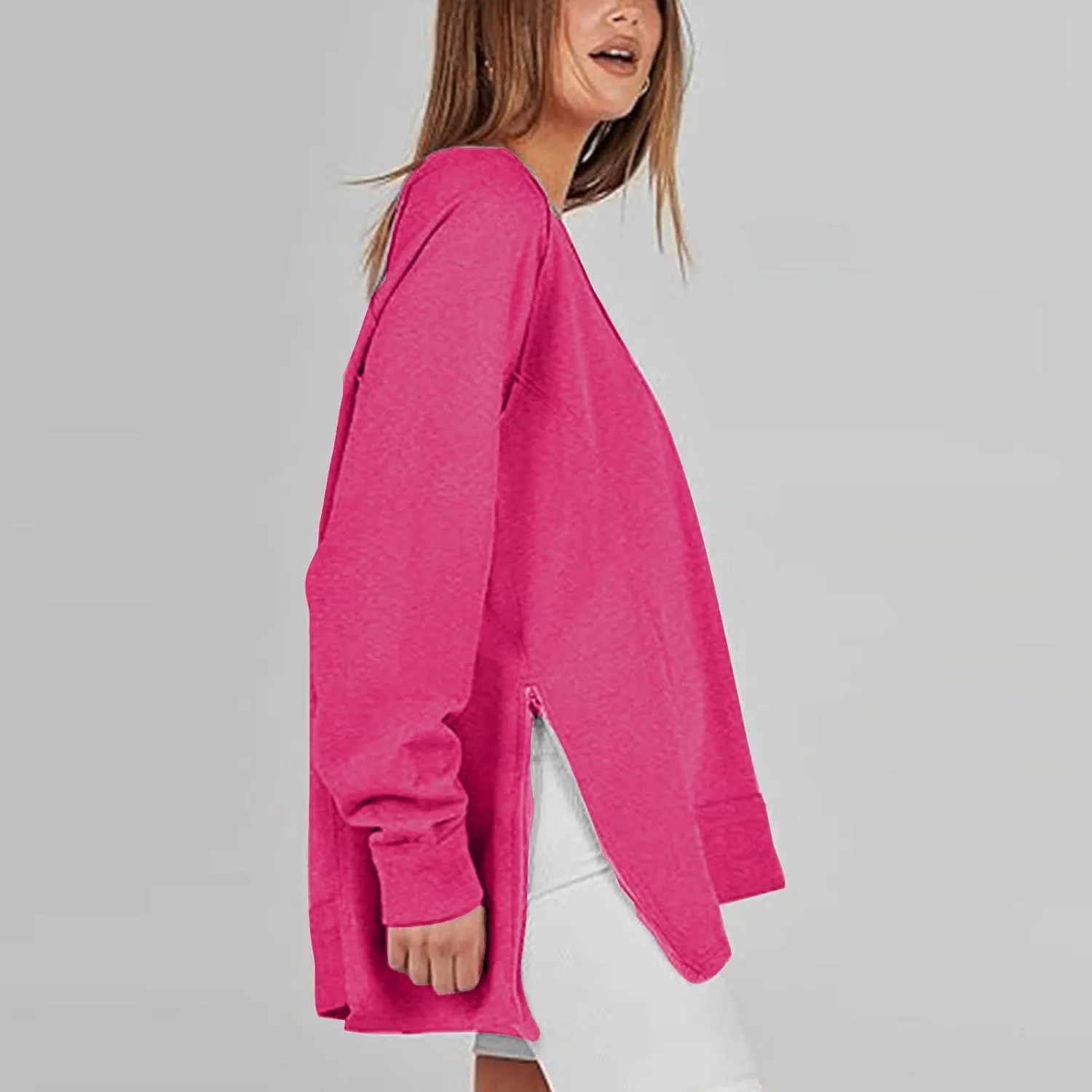 Ceboyel Oversized Sweatshirt for Women Side Slit V Neck Tops Loose Fit Zipper Pullover Hoodies Trendy Winter Clothes 2023