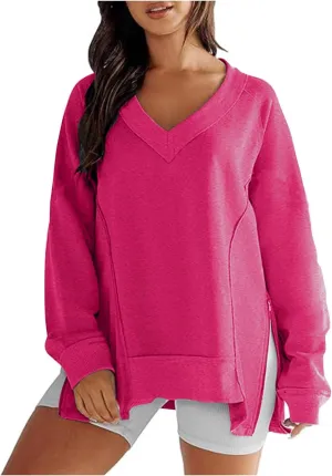 Ceboyel Oversized Sweatshirt for Women Side Slit V Neck Tops Loose Fit Zipper Pullover Hoodies Trendy Winter Clothes 2023