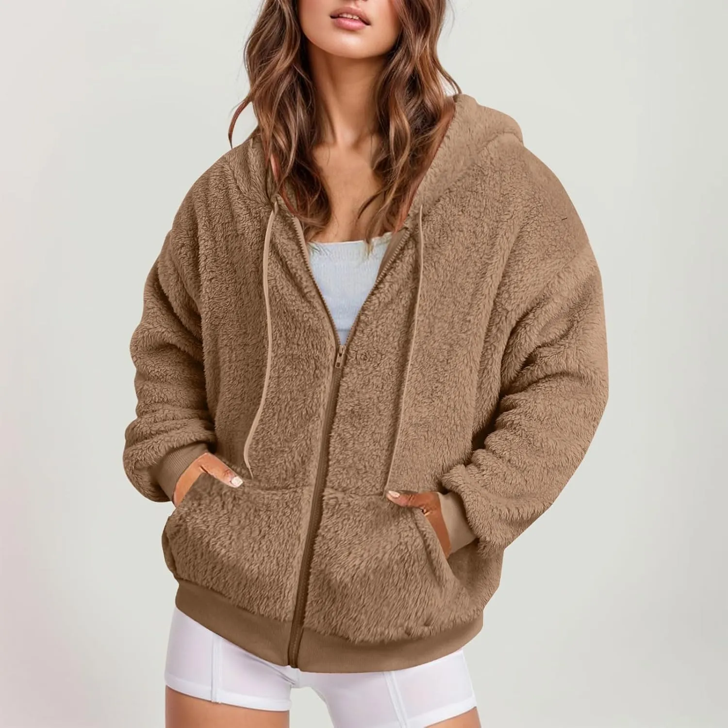 Ceboyel Women 2023 Fleece Oversized Jacket Long Sleeve Casual Fall Hoodie Full Zip Up Sweatshirt Winter Coats Outerwear