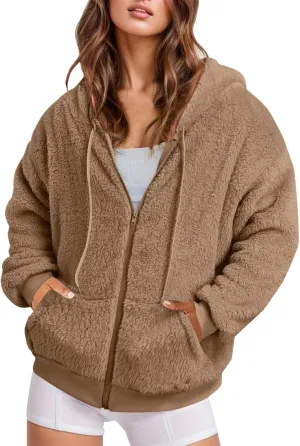 Ceboyel Women 2023 Fleece Oversized Jacket Long Sleeve Casual Fall Hoodie Full Zip Up Sweatshirt Winter Coats Outerwear