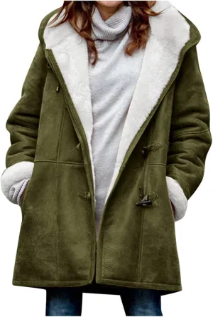 Ceboyel Women Fleece Winter Coats 2023 Sherpa Lined Suede Warm Jackets Hoodies Horn Buttons Long Coat Trendy Outfits Clothes Women Coats Army Green Xxl