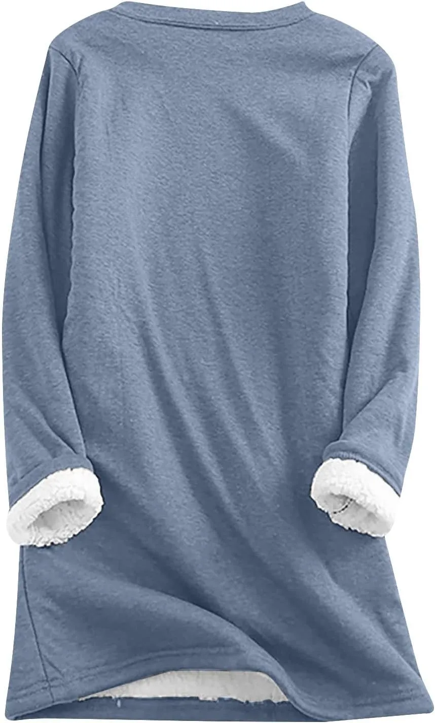 Ceboyel Womens Fleece Pullover Sweatshirt No Hood Shirts Sweater Sherpa Lined Tunic Sweatshirts Warm Winter Loungewear 2023