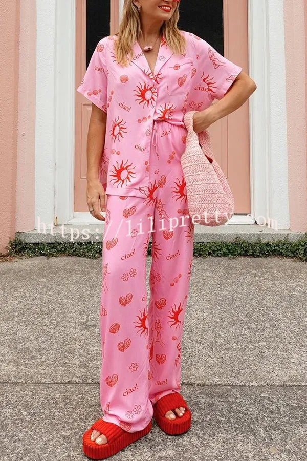 Charming Sun Print Button Pocket Lace Up Elastic Waist Pant Set