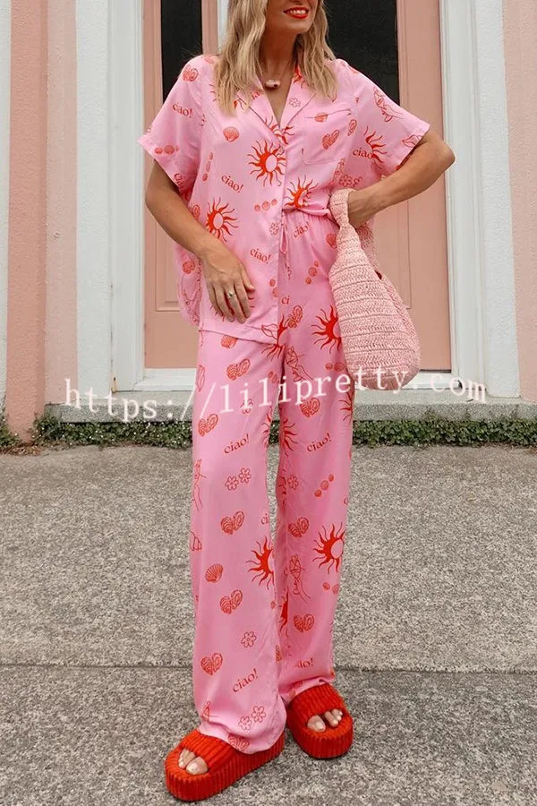Charming Sun Print Button Pocket Lace Up Elastic Waist Pant Set