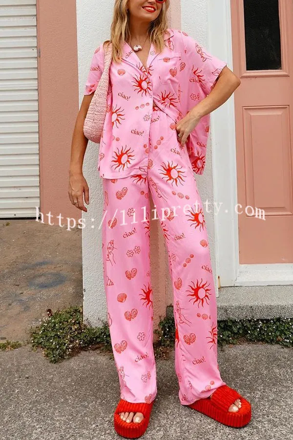 Charming Sun Print Button Pocket Lace Up Elastic Waist Pant Set