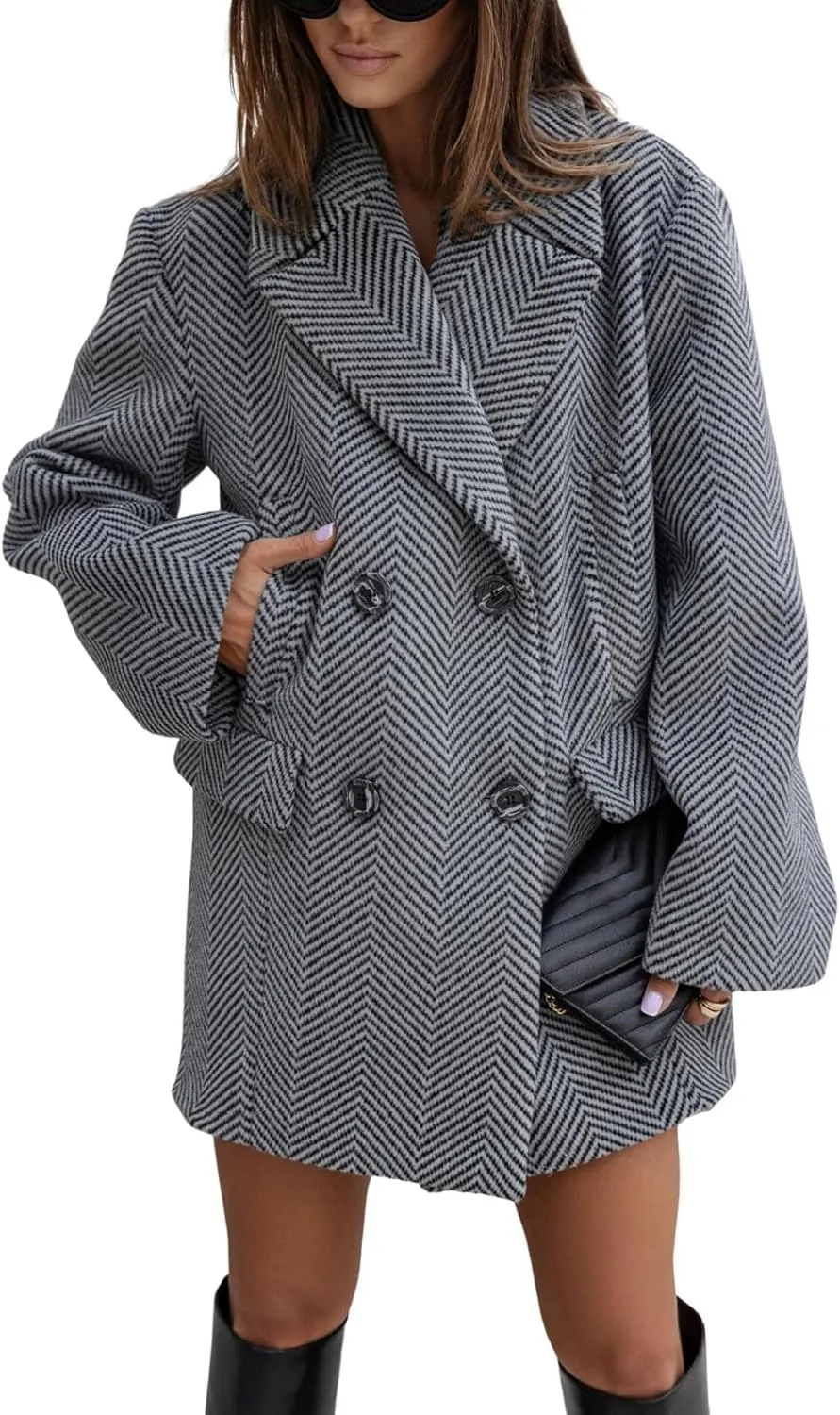 CHARTOU Winter Mid Long Wool Trench Coats for Women 2024 Double Breasted Peacoat Notch Collar Tweed Jacket