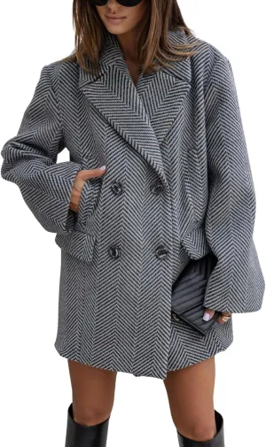 CHARTOU Winter Mid Long Wool Trench Coats for Women 2024 Double Breasted Peacoat Notch Collar Tweed Jacket