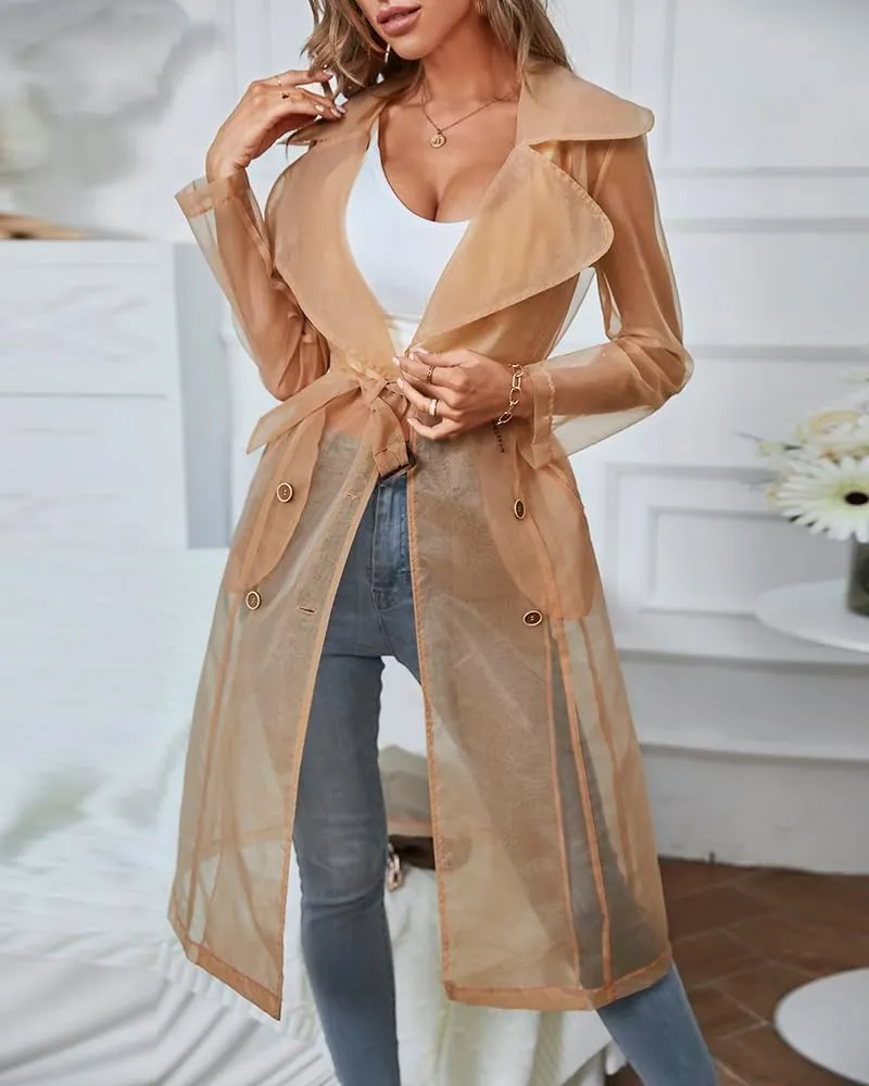 CHICME Women Longline Trench Coat Sheer Mesh Sleeve Buttoned CoatTransparent Jacket Coat with Belt