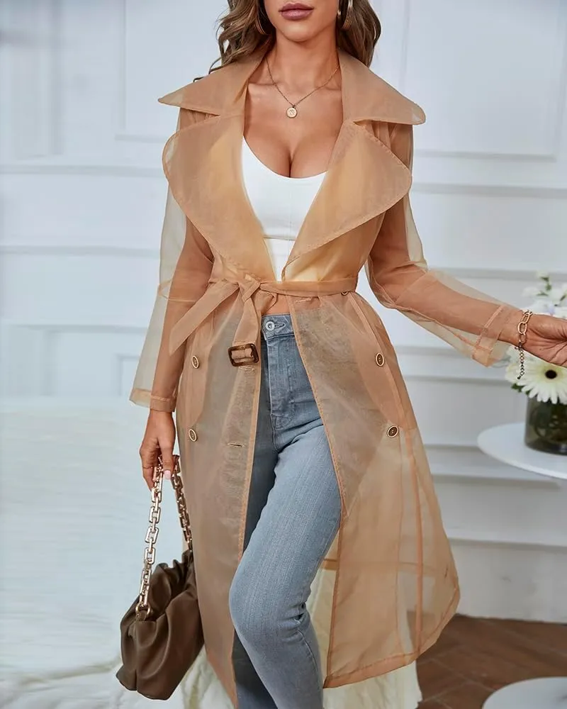 CHICME Women Longline Trench Coat Sheer Mesh Sleeve Buttoned CoatTransparent Jacket Coat with Belt