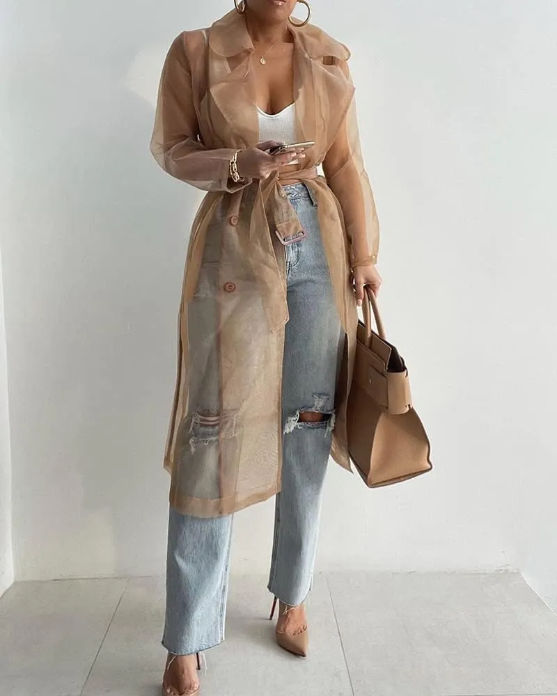 CHICME Women Longline Trench Coat Sheer Mesh Sleeve Buttoned CoatTransparent Jacket Coat with Belt
