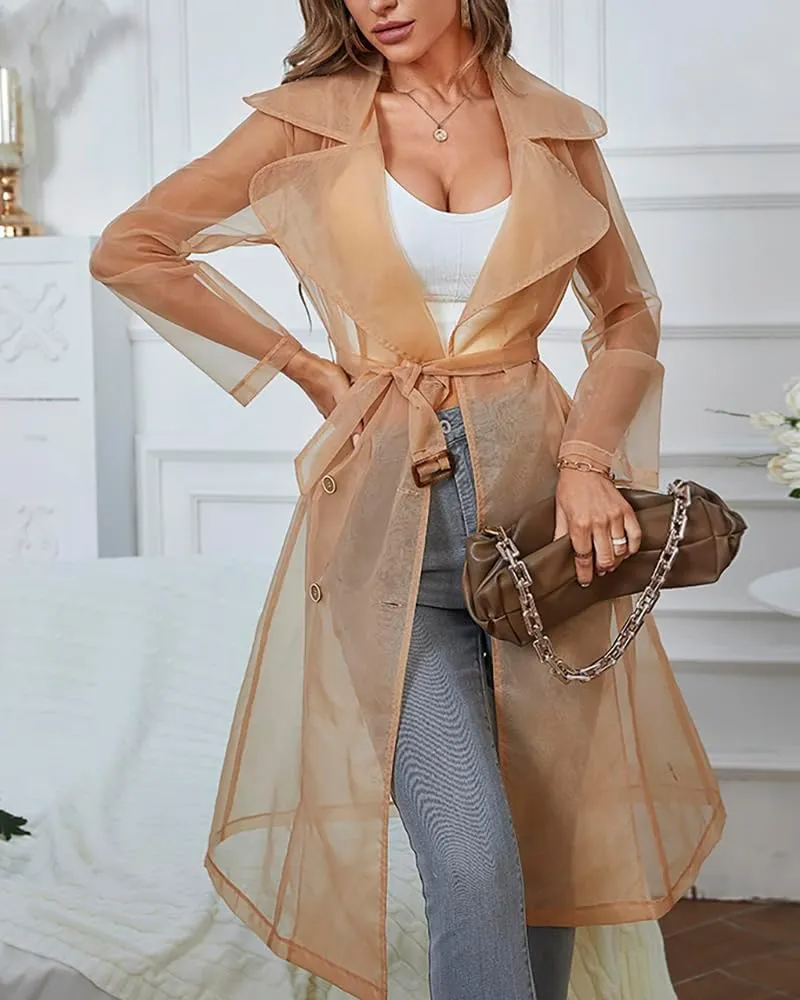 CHICME Women Longline Trench Coat Sheer Mesh Sleeve Buttoned CoatTransparent Jacket Coat with Belt