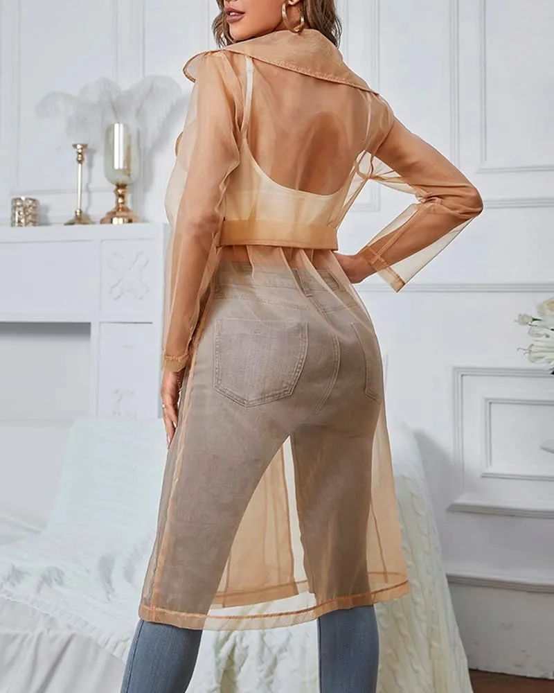 CHICME Women Longline Trench Coat Sheer Mesh Sleeve Buttoned CoatTransparent Jacket Coat with Belt