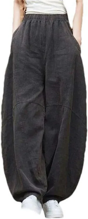 Chinese Women's Cotton Loose Goods Pants Retro Elastic Waist Yoga Pants Loose Casual Wide-Leg Harem Trousers