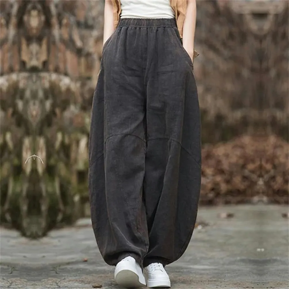 Chinese Women's Cotton Loose Goods Pants Retro Elastic Waist Yoga Pants Loose Casual Wide-Leg Harem Trousers