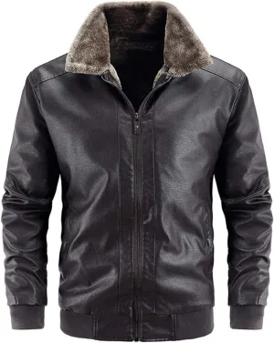 chouyatou Men's Casual Fur Collar Sherpa Lined Winter Faux Leather Bomber Jacket
