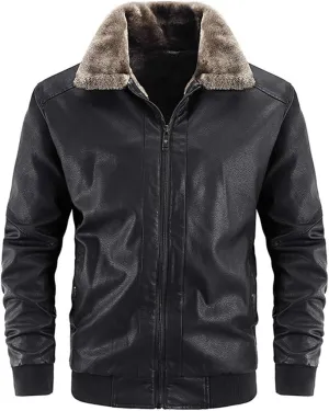 chouyatou Men's Casual Fur Collar Sherpa Lined Winter Faux Leather Bomber Jacket