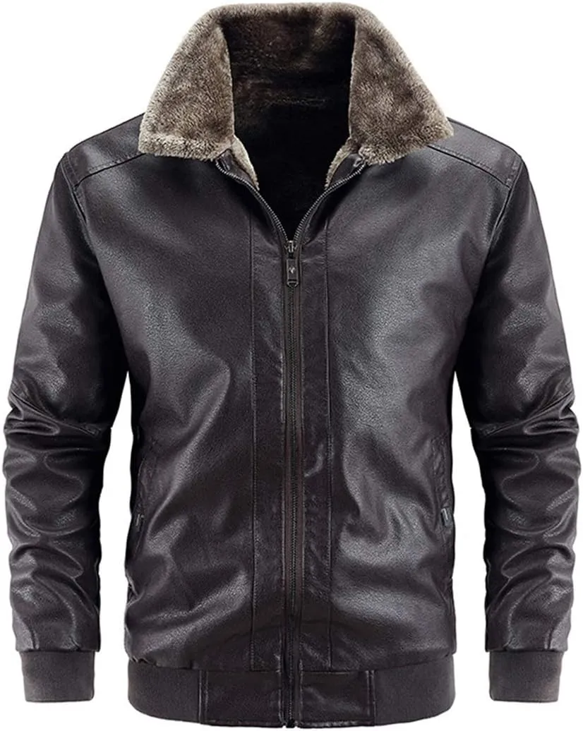 chouyatou Men's Casual Fur Collar Sherpa Lined Winter Faux Leather Bomber Jacket