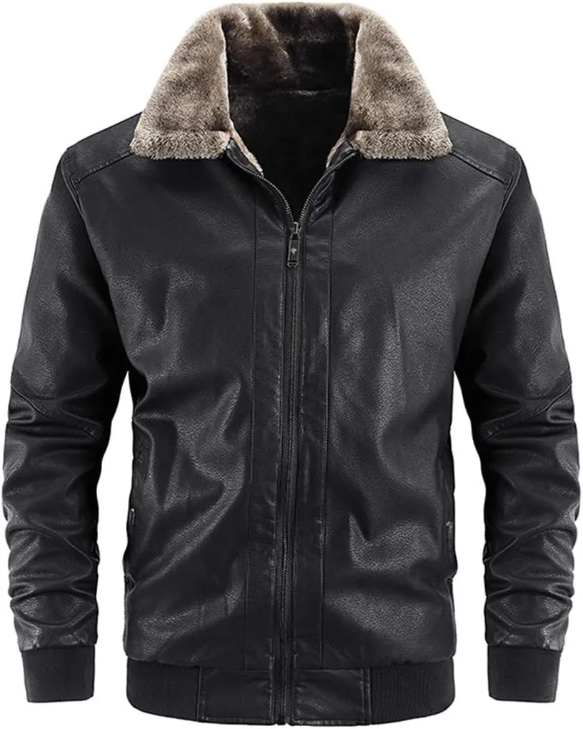 chouyatou Men's Casual Fur Collar Sherpa Lined Winter Faux Leather Bomber Jacket