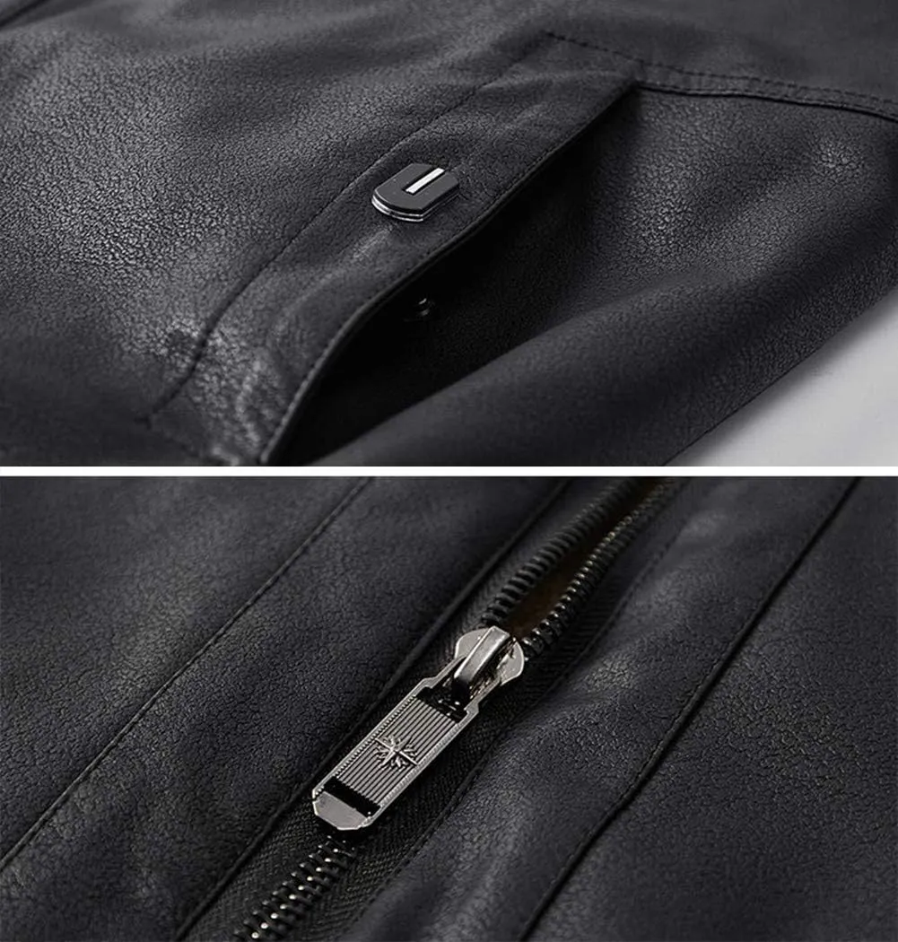 chouyatou Men's Casual Fur Collar Sherpa Lined Winter Faux Leather Bomber Jacket