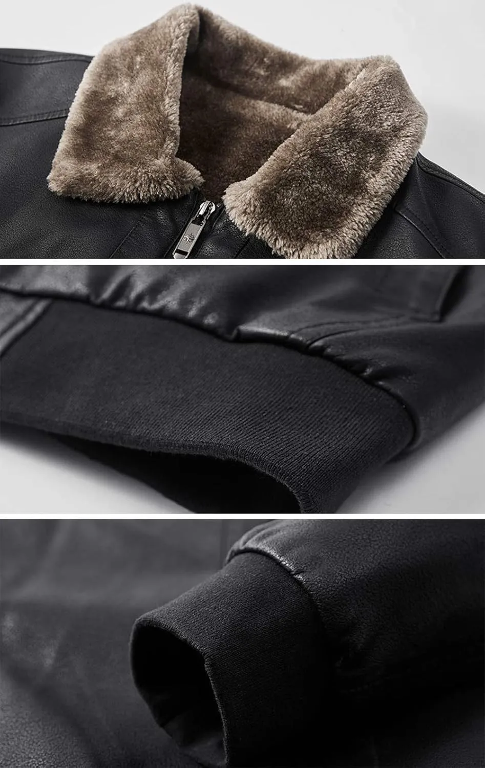 chouyatou Men's Casual Fur Collar Sherpa Lined Winter Faux Leather Bomber Jacket