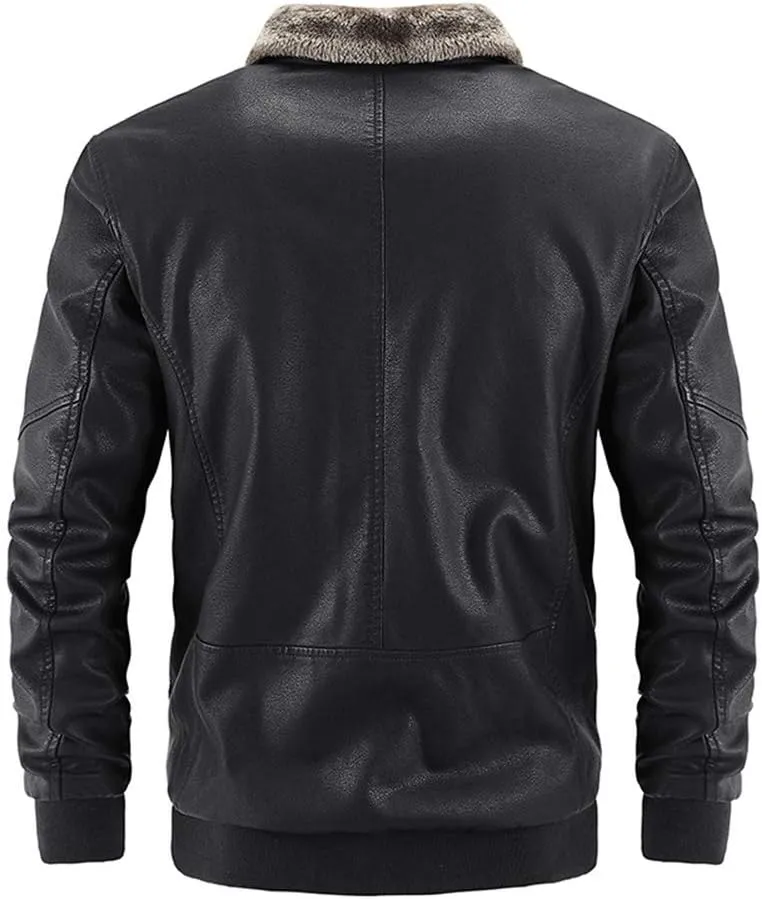 chouyatou Men's Casual Fur Collar Sherpa Lined Winter Faux Leather Bomber Jacket