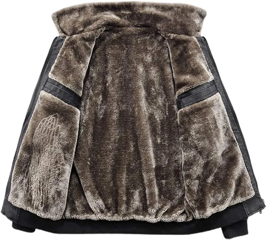 chouyatou Men's Casual Fur Collar Sherpa Lined Winter Faux Leather Bomber Jacket