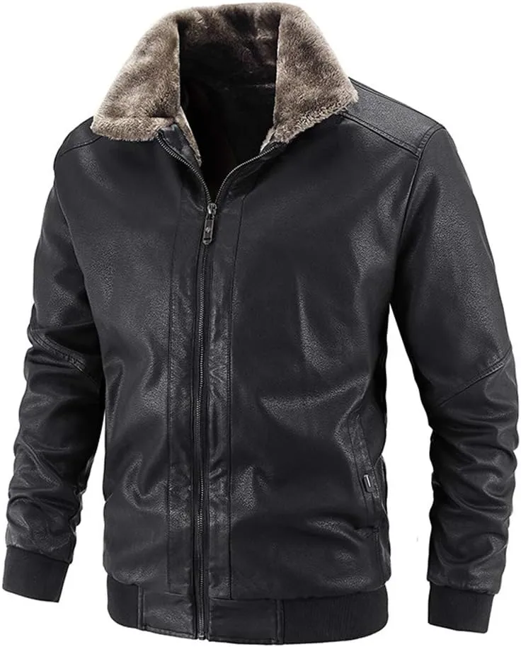 chouyatou Men's Casual Fur Collar Sherpa Lined Winter Faux Leather Bomber Jacket