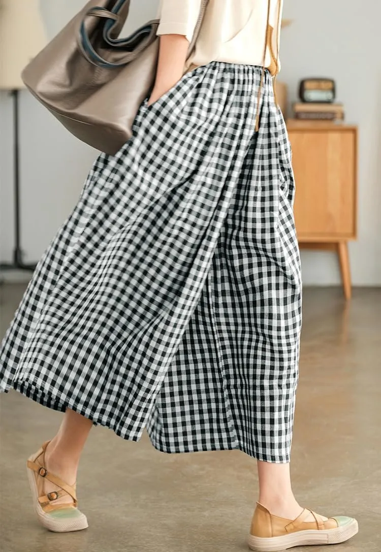 chouyatou Women's Cotton Linen Pants Elastic Waist Plaid Gingham Wide Leg Capri Palazzo Pants