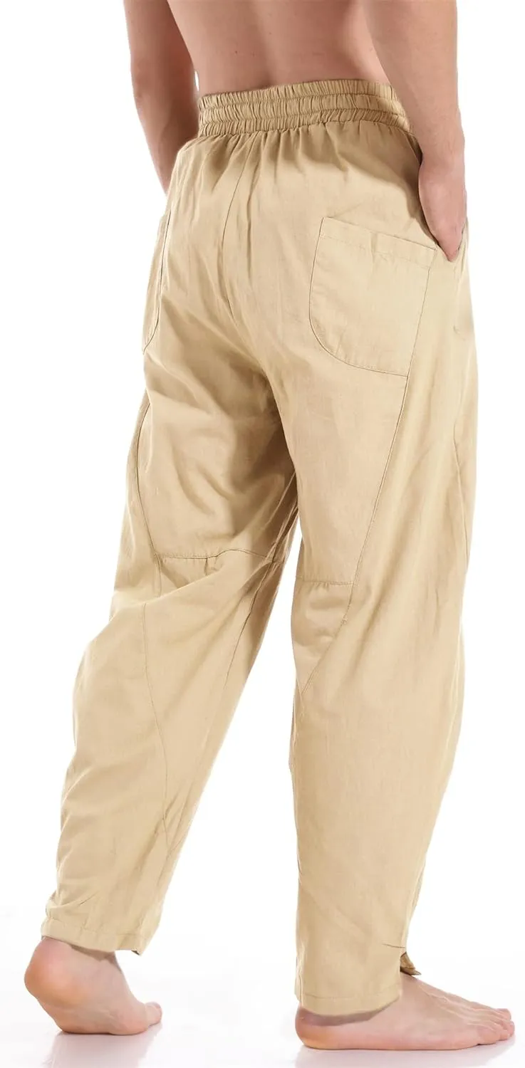 CLANMILUMS Men's Casual Cotton Linen Pants Loose Elastic Waist Summer Beach Trousers