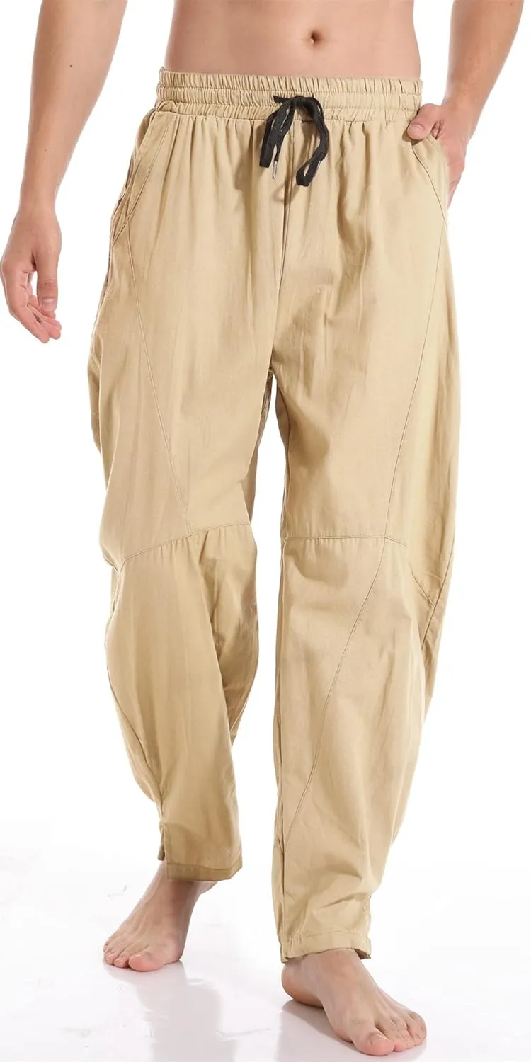 CLANMILUMS Men's Casual Cotton Linen Pants Loose Elastic Waist Summer Beach Trousers