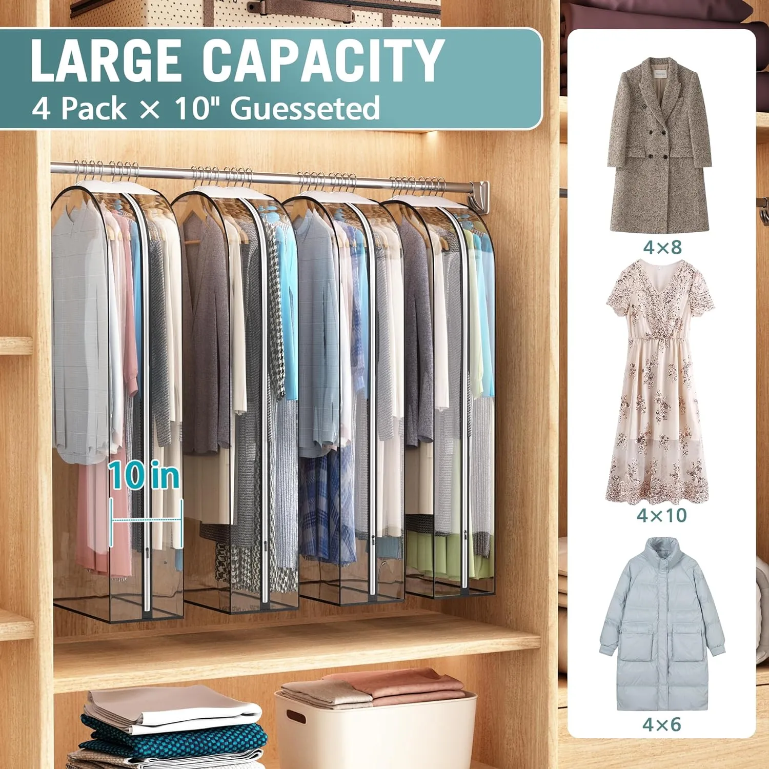 Clear Garment Bag for Hanging Clothes 10 Gusseted, 50 Suit Bags for Open Closet Storage Plastic Clothes Cover for Coat, Dress, Shirts, Fur, Jacket, Wardrobe Protectors, 4 Pack