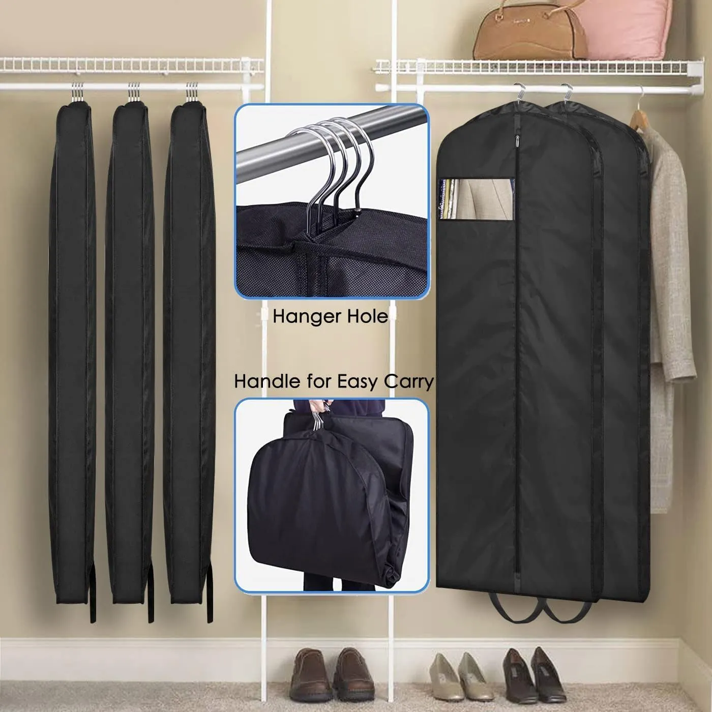 Clothes Cover 2pcs Garment Bags for Hanging Clothes Zipper Dress Bags with Clear Window PEVA Suit Bags (Color : Black, Size : 60 * 100cm)